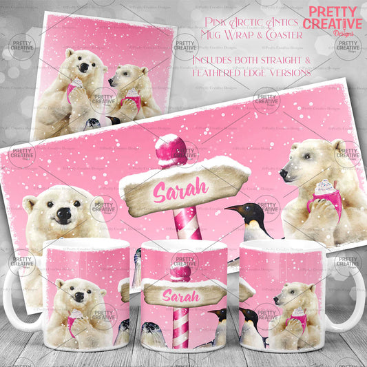 Arctic Antics Pink Cocoa Mug and Coaster