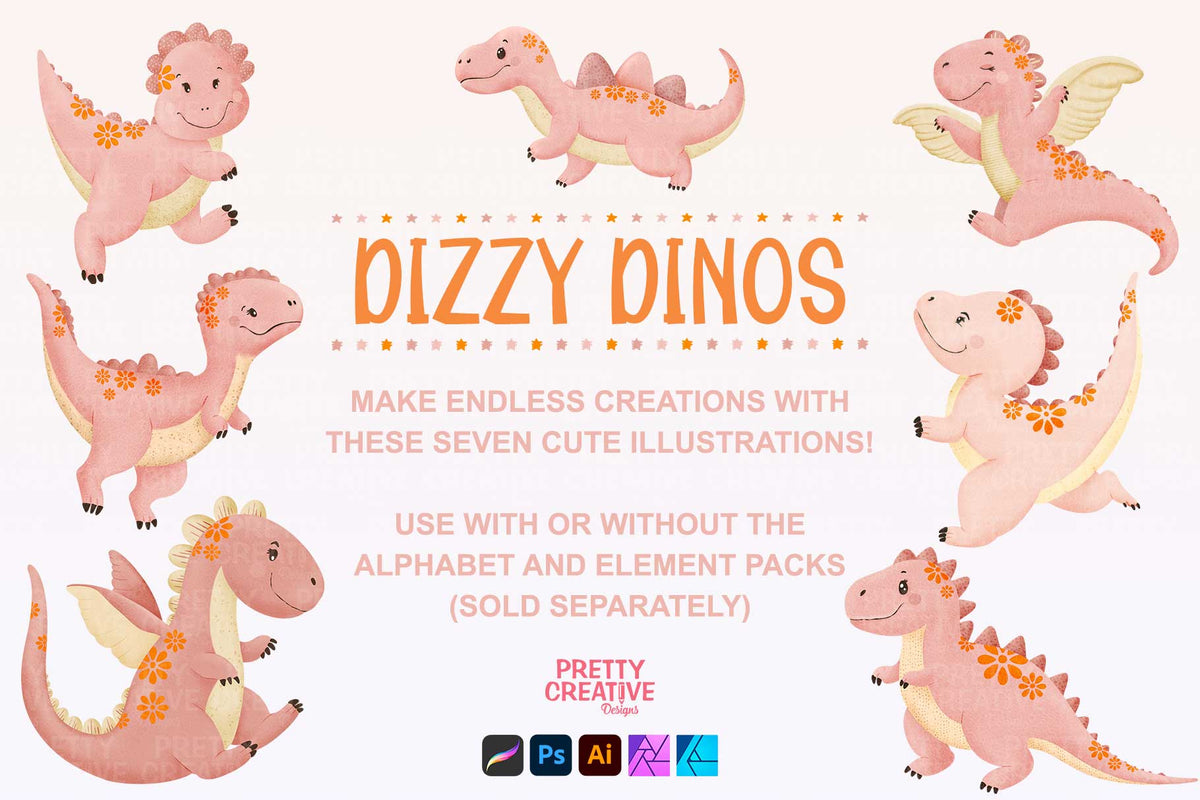 Dizzy Dino Pink Illustrations
