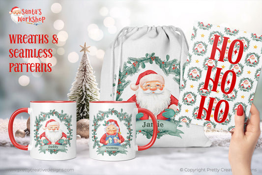 Santa's Workshop Mr & Mrs Claus Wreaths & Seamless Patterns
