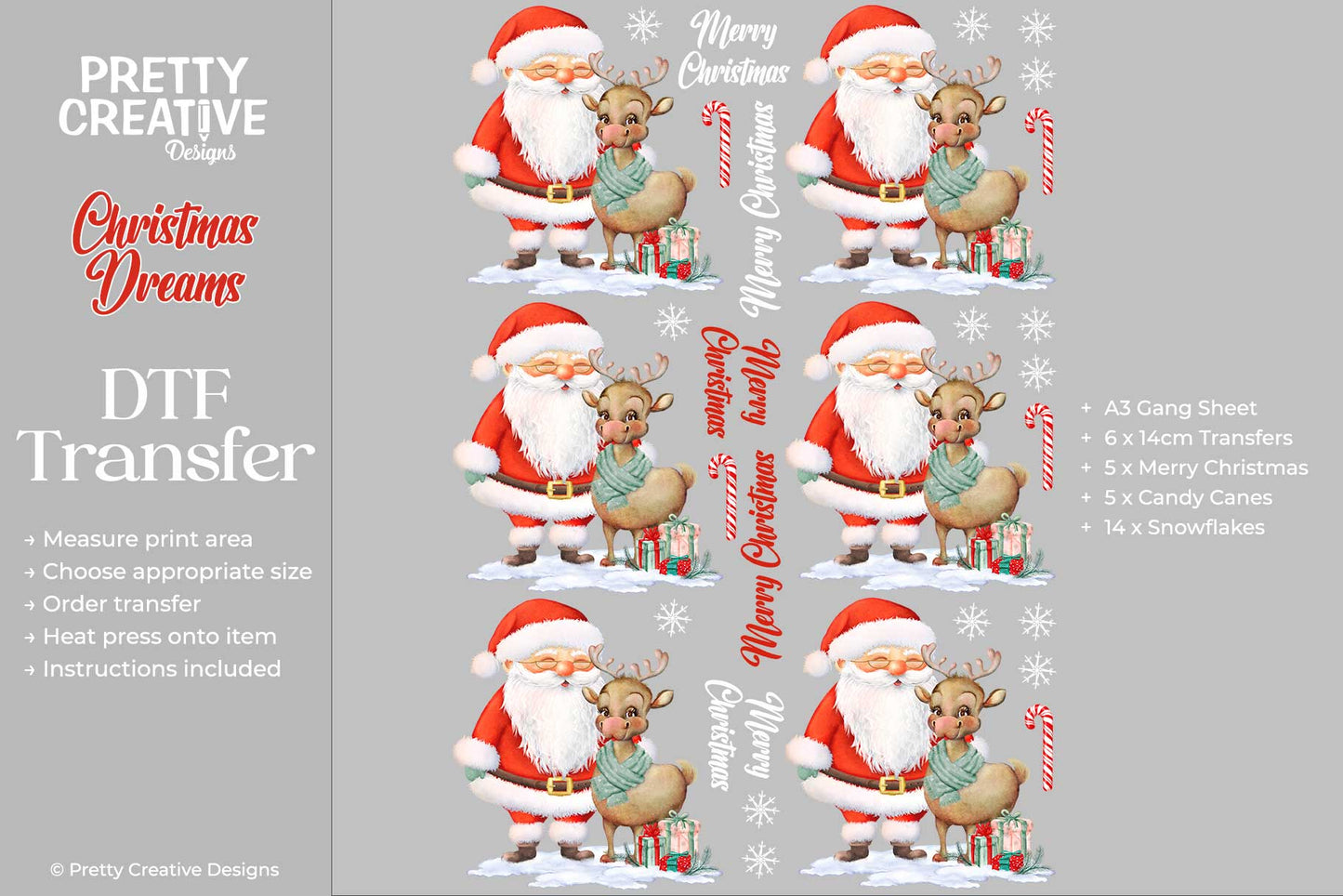 Christmas Dreams A3 Gang Sheet DTF Transfer Santa-Lady Reindeer
