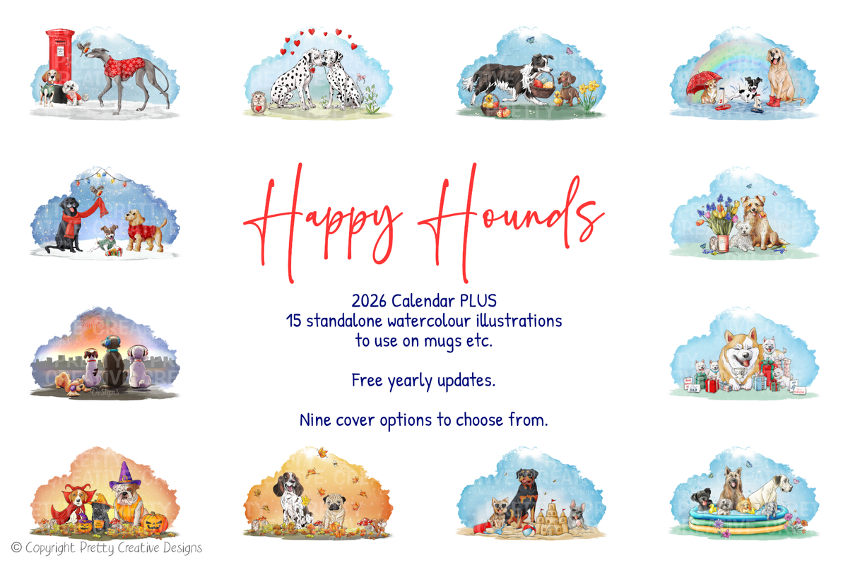 Happy Hounds 2026/ 2027/2028 Calendars and Standalone Illustrations