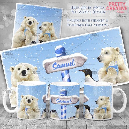 Arctic Antics Blue Cocoa Mug and Coaster