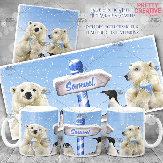Arctic Antics Pink and Blue Cocoa Mug and Coaster Bundle