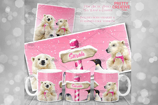 Arctic Antics Pink Cocoa Mug and Coaster