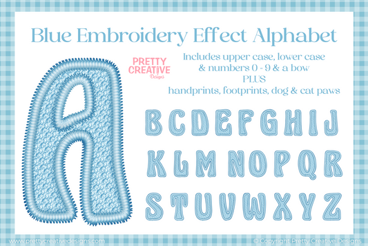 Blue Embroidery Effect Alphabet, Numbers, Footprints, Handprints and Pawprints