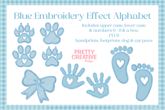 Blue Embroidery Effect Alphabet, Numbers, Footprints, Handprints and Pawprints