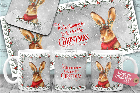 Christmas Hare Mug Wrap and Coaster Set