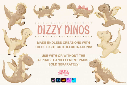 Dizzy Dino Neutral Girl Illustrations
