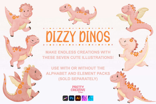 Dizzy Dino Pink Illustrations