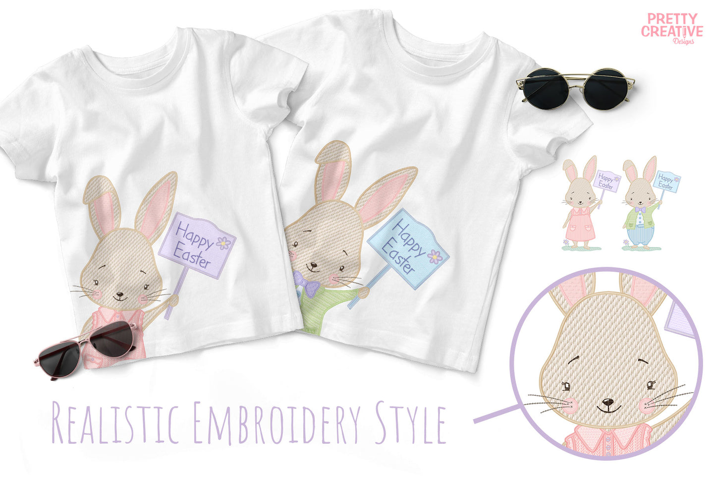 Easter Bunny and Miss Bunny Embroidery Effect Artwork