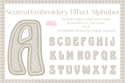 Neutral Embroidery Effect Alphabet, Numbers, Footprints, Handprints and Pawprints