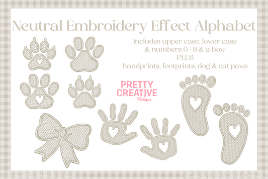 Neutral Embroidery Effect Alphabet, Numbers, Footprints, Handprints and Pawprints