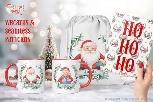 Santa's Workshop Mr & Mrs Claus Wreaths & Seamless Patterns