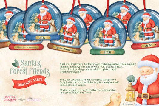 Santa's Forest Friends Lamplight Santa Snowglobe Bauble Artwork