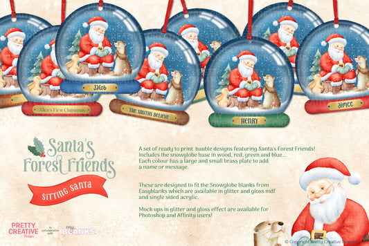 Santa's Forest Friends Sitting Santa Snowglobe Bauble Artwork