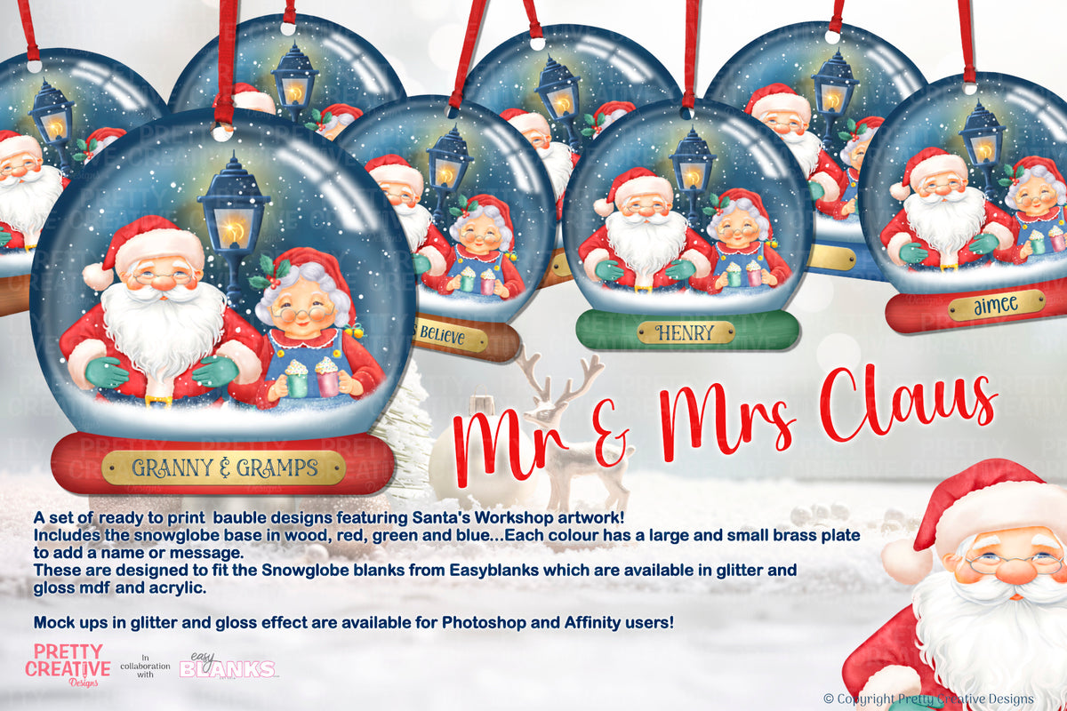 Santa's Workshop Mr & Mrs Claus Snowglobe Bauble Artwork