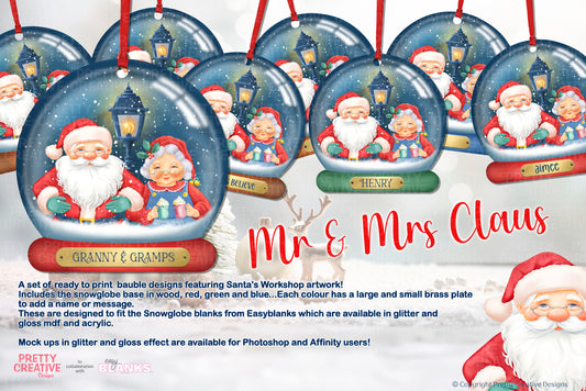 Santa's Workshop Mr & Mrs Claus Snowglobe Bauble Artwork