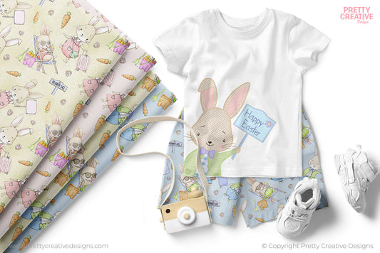 Easter Bunny and Miss Bunny Seamless Patterns (Embroidery effect artwork not included)