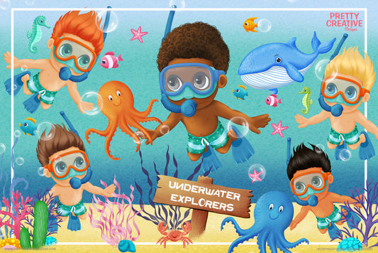 Underwater Explorer Boy Clip Art