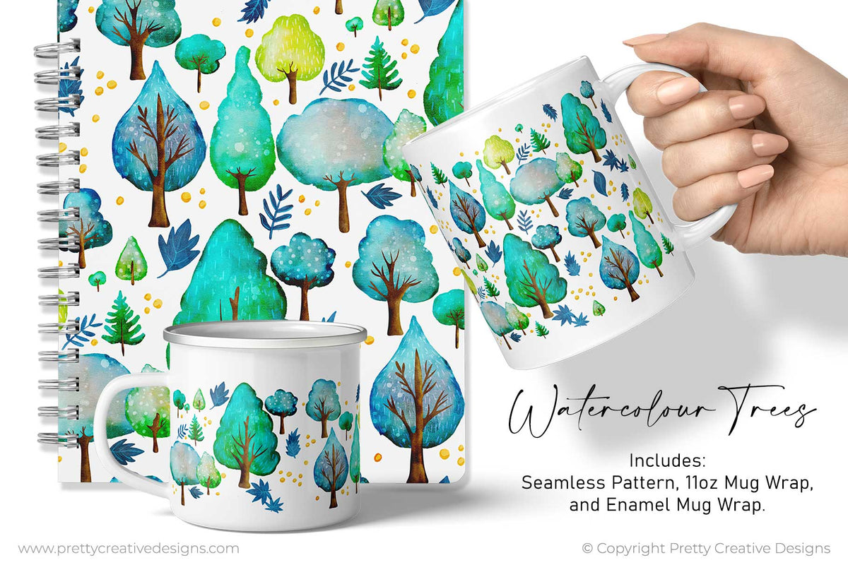 Watercolour Trees Seamless Pattern and Mug Wrap BUNDLE