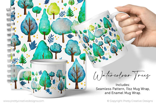 Watercolour Trees Seamless Pattern and Mug Wrap BUNDLE
