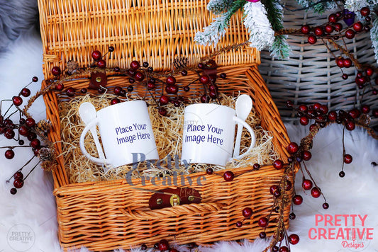 White Twin Mug with Spoon in Christmas Basket Mockup
