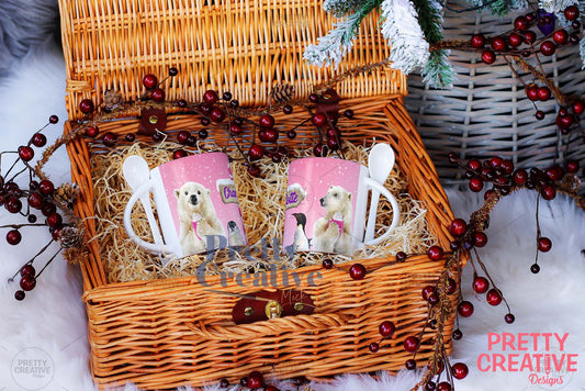 White Twin Mug with Spoon in Christmas Basket Mockup