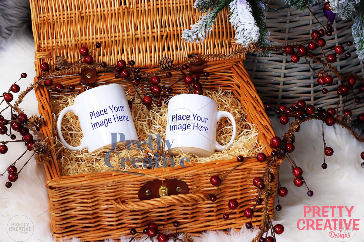 White Twin Mug in Christmas Basket Mockup