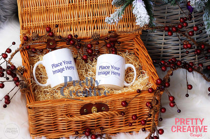 White Twin Mug in Christmas Basket Mockup