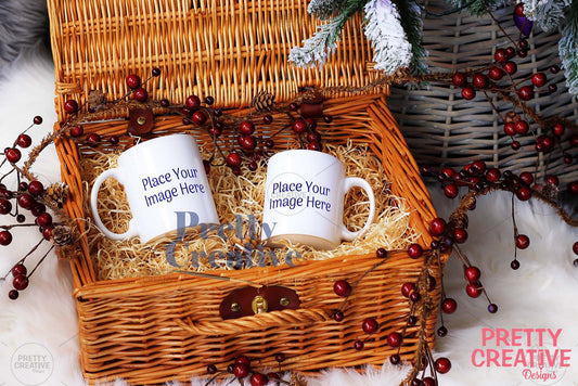 White Twin Mug in Christmas Basket Mockup